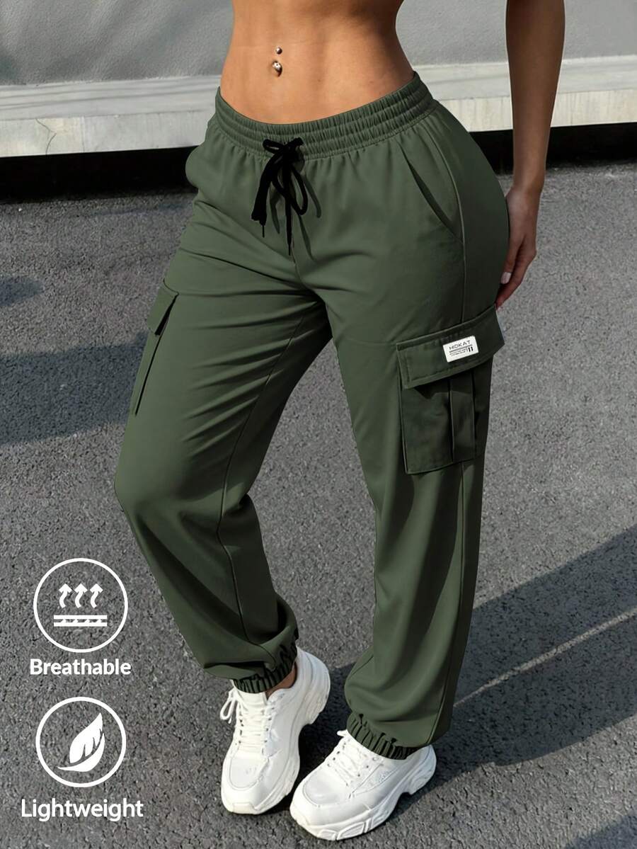 Women's Solid-Color Cargo Joggers - Lightweight, Breathable, Drawstring Waist With Large Pockets - 軍綠色 - 查看 1