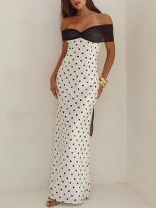 Women Polka Dot Satin Maxi Dress Off Shoulder Tie Back Long Tube Dress Elegant Silk Dresses Cocktail Evening - 白色 - 查看 2