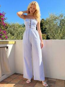 Women's Luxury Light Blue Striped Jumpsuit, Elegant Wide Leg Spaghetti Strap Romper, Chic Summer Vacation Outfits For Spring Break, Casual Breezy Beach Wear - Light Wash - View 5