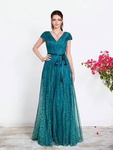 Mgiacy,New Arrival,V-Neck, Printed Mesh, Airplane Sleeves, Tie, Long Skirt With A Big Swing, High-End, Evening Dress,Summer,Festival For Women - Peacock Green - View 4