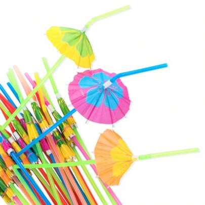 Tropical Umbrella Straws Hawaiian Beach Luau Party Decorations For Cocktails Drinks - Pack Of 48