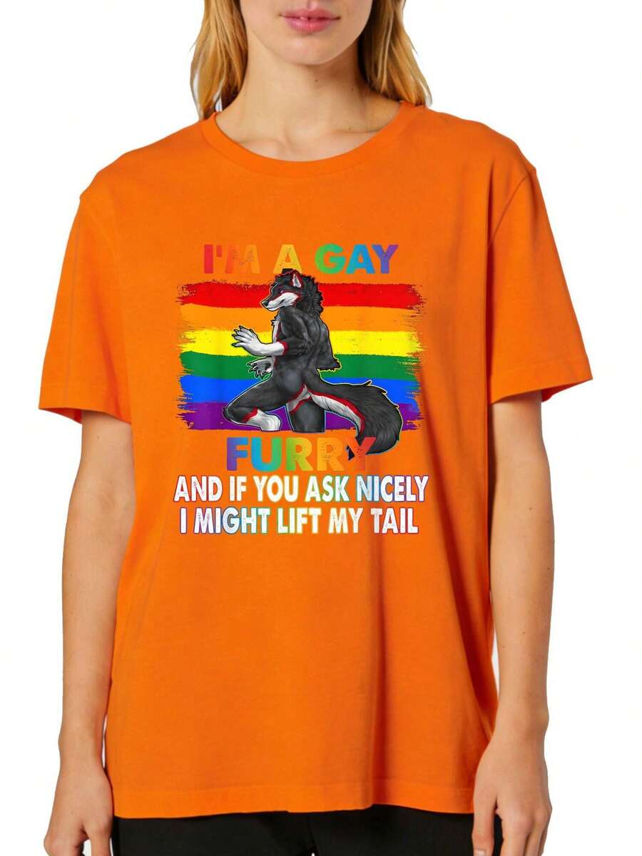 Women's Summer Short Sleeve Crew Neck T-Shirt - I'm A Gay Furry Rainbow Fox Wolf Fursona Fandom Pride Month Graphic Prints Suitable For Summer & Spring - Machine Washable Casual Attire & Layering Piece - 珊瑚橙 - 查看 1
