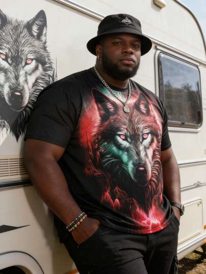 男士大码逼真狼头图案 T 恤，时尚大码蓝色灯光效果 T 恤，透气短袖