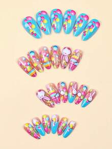 Easter Day Press On Nails - Medium Square Fake Nails With Bunny Flower Design - Pink False Nails Press Ons - For Women 24 Pcs - Multicolor - View 2