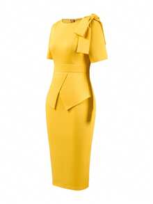 Elegant Midi Dress With Exaggerated Bow Accent, Short Sleeves, Round Neck, Waist Cinching, Pencil Skirt, High Slit, Flattering Silhouette, Comfortable Wear, Suitable For Workplace, Daily, Weddings, Parties, Office, Spring/Summer/Autumn - Yellow - View 8