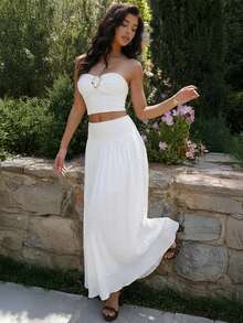 Women's Elegant White Strapless Metal Buckle & Pleated Flared Maxi Skirt Two Pieces Set, Chic Sexy Summer Vacation Outfit, Minimalist Garden Party Wear - White - View 8