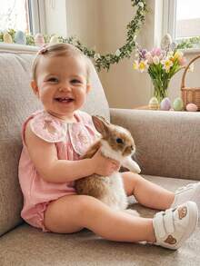 Baby Girls Rompers Easter Clothes Bunny Embroidered Crew Neck Sleeveless Infant Bodysuits Jumpsuits - Rosa - Ver 7