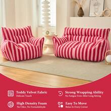 Giant Bean Bag Chairs For Adults With Filling Teddy Fleece Plush Fluffy Bean Bag Single Sofa And Loveseat With Armrest, Lounge Lazy Floor BeanBag Chair, Cozy Fluffy Couch For Living Room, Bedroom & Dorm - Sọc đỏ hồng - Xem 6