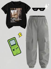 Young Boy Cartoon Print Round Neck Short Sleeve Top And Cargo Pants Set - Black - View 3