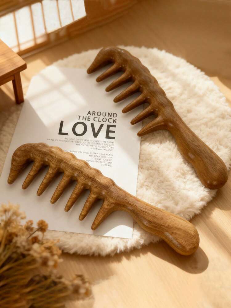 3件套檀木宽齿梳，气垫按摩梳，便携式头部按摩梳套装，适合女性卷发造型、头皮按摩，防静电，耐热 - 棕色 - 查看 6