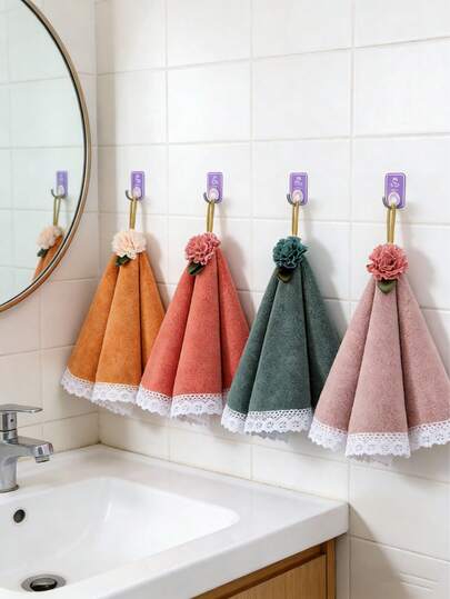 4/1 Pc Round Hand Towel (48cm X 48cm), Lace Kitchen And Bath Room Hanging Hand Towel, Coral Fleece Fluff Absorbent Quick Dry Towel, Anti-Shedding, Thickened Absorbent Towel,Decorative Towels For Bathroom Kitchen