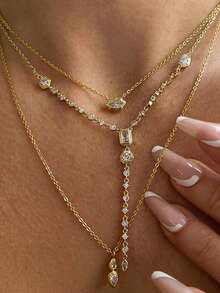 Dây chuyền thép không gỉ mới với mặt dây chuyền đá Zirconia lấp lánh, thiết kế đơn giản và sáng bóng, phù hợp cho phụ nữ và bé gái đeo đi dự tiệc và đám cưới. - Bạc - Xem 13