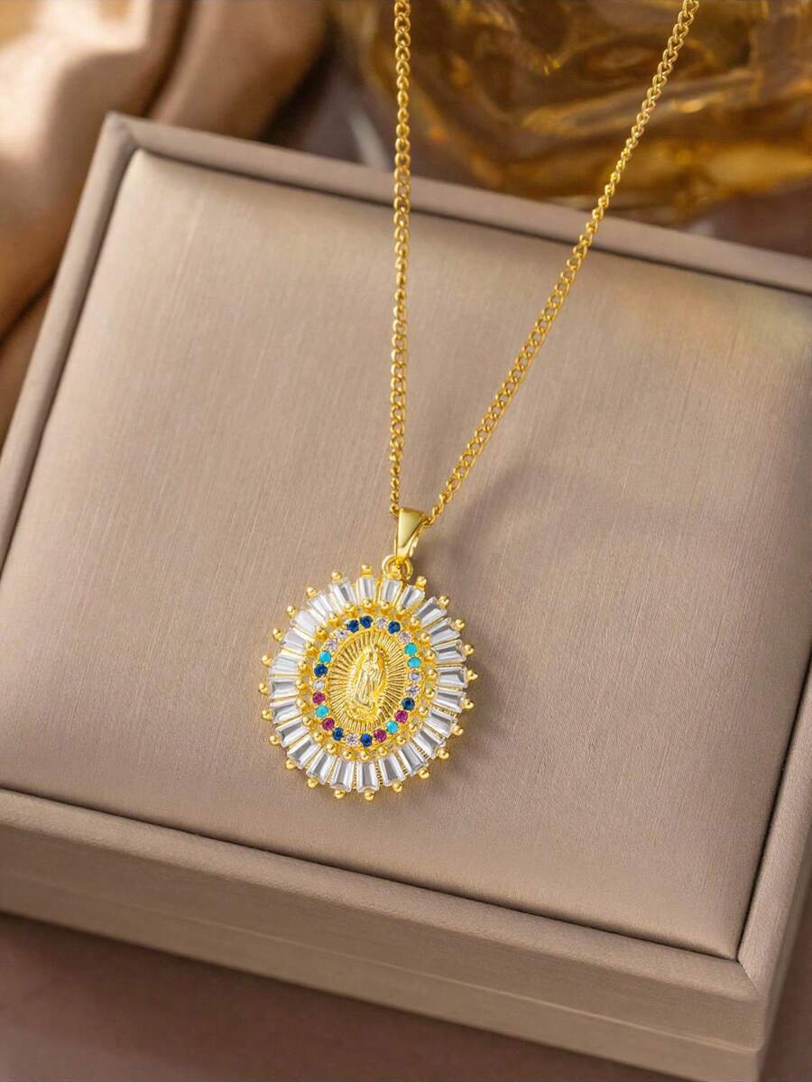 1件金色长方形圣母玛利亚吊坠项链，复古神圣优雅风格时尚首饰，文化主题派对及日常佩戴（OPP袋包装） - 金黃色 - 查看 1