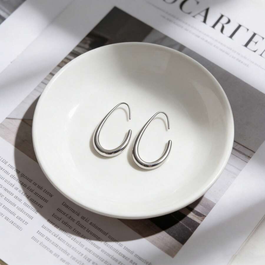 1对简约日常款304不锈钢双C耳环：奢华小众，尽显高级美感 - 銀色 - 查看 1