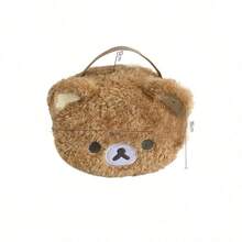 1 Pc Ladies 3D Plush Bear Makeup Bag Light Brown Portable Mesh Compartment For Daily Essentials - Plush Bear Head Cosmetic Bag - 1 Piece - View 2