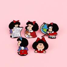 5pcs/Set Cute Curly-Haired Girls Enamel Pins Cartoon Figure Brooch Lapel Pin Badge On Backpack Clothing Accessories Fashion Jewelry Gifts - Black - View 10