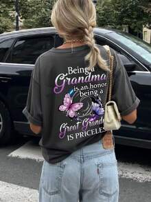 1pc Women's Summer Round Neck Short Sleeve T-Shirt, Butterfly & Slogan Print - Dark Grey - View 9