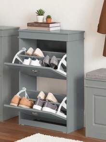 SoBuy 2 Flip-Drawers Shoe Cabinet Shoe Rack Shoe Storage Cupboard Organizer Grey W53 X D24 X H82cm FSR78-HG - Grey - View 2