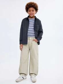 Celana Jeans Denim Gaya Jalanan Young Boy, Warna Medium Wash, Pinggang Dapat Diatur, dan Efek Lusuh. - Krem - View 12