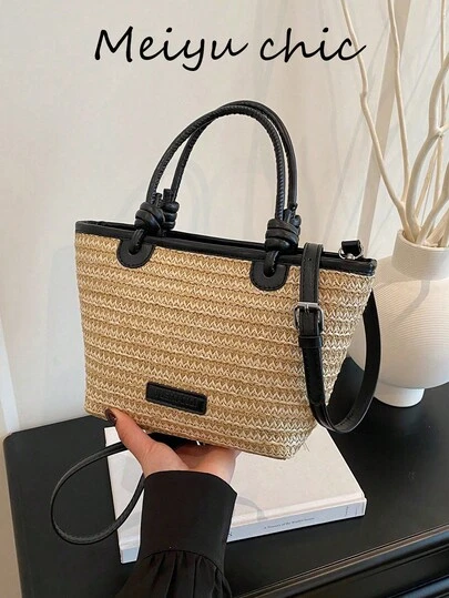 This Stylish Woven Tote Bag Features A Contrasting Color Scheme, Making It Ideal For Beach Vacations And Shopping. It's A Must-Have For Beach Holidays, Travel, And Leisure Getaways, And A Striking Summer Beach Bag. The Letter Embellishments Add A Touch Of Charm, Making It A Must-Have For Travel And Vacations.