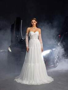 Elasola 優雅無肩帶蕾絲新娘婚紗 - 白色 - 查看 3