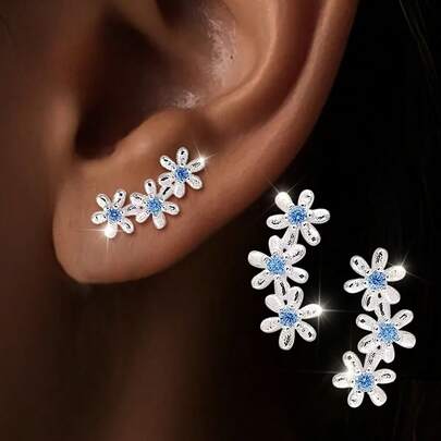 1 Pair S925 Sterling Silver Triple Flower Earrings, Sweet And Elegant Design With Cubic Zirconia And Pastoral Style, Suitable For Daily Wear Or Spring Outings, Ideal Gift For Women, Hypoallergenic