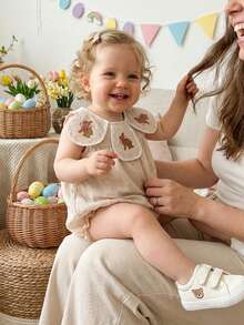 Baby Girls Rompers Easter Clothes Bunny Embroidered Crew Neck Sleeveless Infant Bodysuits Jumpsuits - Khaki - View 9