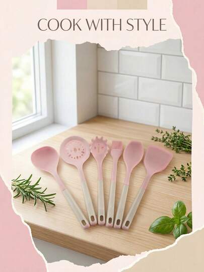 1 Juego de 6 Piezas de Utensilios de Cocina de Silicona de Alta Calidad en Color Rosa, Inodoros, Fáciles de Limpiar, Resistentes al Calor, Antiadherentes. Adecuados para Cortar Alimentos Blandos/Camping al Aire Libre, Freír, Hervir y Cocinar. Diseño Cálido y Suave en Rosa. Con Orificios para Colgar para un Almacenamiento Fácil. Fácil de Limpiar, Resistente al Calor, Resistente a la Corrosión. Juego de Utensilios de Cocina Premium en Rosa.