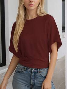 Burgundy Casual T-Shirt, Back To School Season, Women's Sports Top Summer - Burgundy - View 3