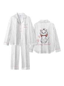 2pcs Disney Marie Cat Print Cotton Long Sleeve Pajama Set For Women, Spring & Autumn - White - View 8