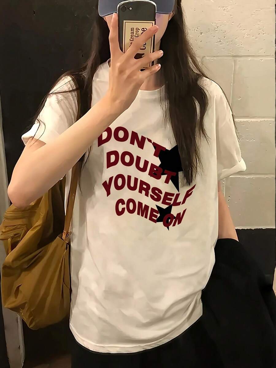 女士圆领短袖T恤，夏季新款五角星图案字母印花，时尚休闲百搭宽松上衣 - 白色 - 查看 1
