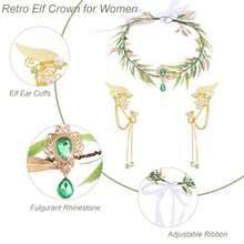 CAVETEE Fairy Accessories - Elf Headpiece Flower Crown Elf Ears Set For Adult Women Perfect For Fantasy Cosplay Halloween Parties Themed Events And Costume Ensembles With Delicate Floral Design And Adjustable Fit For Comfortable Wear - -綠金- - 查看 2