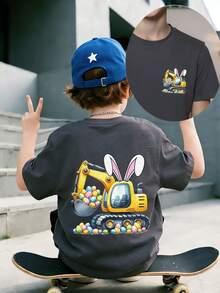 Camiseta con estampado de excavadora con orejas de conejo para niño preadolescente, adecuada para uso festivo, uso casual, uso urbano, top de verano de moda para niños. ¡Regalo de Pascua ideal para niños, atuendo perfecto para celebrar la Feliz Pascua! - Gris Oscuro - Ver 5