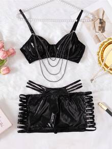 2pcs New Bra Chain & Mini Skirt Hollow Sexy Lingerie Set - Black - View 11
