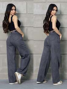 Women's Wide Leg Jeans, High Waist, High Waistband, Enhances Buttocks, Sizes 36 To 46 - 灰色 - 查看 3