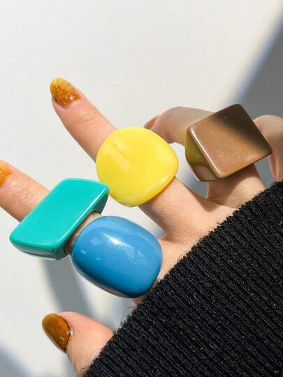 4pcs Dopamine Colorful Resin Ring Set, Energetic Girl's Heart & Geometric Square Stackable Rings