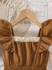 Tween Girls' Casual Sleeveless Lace Patchwork Ruffle Hem Jumpsuit, Spring/Summer - Coffee Brown - View 3