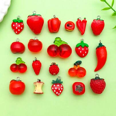 20pcs Resin Red Fruit Strawberry Cherry Apple Charm Cute Simulated Food Pendant ForDIY Keychain Bracelet Necklace Earrings Jewelry Making