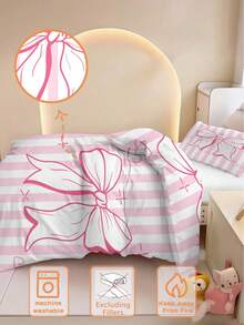 两件套粉色条纹蝴蝶结3D印花卡通儿童床上用品套装，男女童均适用，可作为礼物，适用于儿童房和学生宿舍。被套尺寸：90 x 200/135 x 200厘米，枕套尺寸：50 x 75厘米，100%涤纶（1个单面印花枕套 + 1个双面印花被套，不含被芯）。 - 彩色 - 查看 4