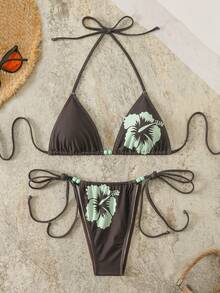 Bộ bikini nữ mùa xuân/hè in họa tiết buộc dây với hạt cườm xanh, thiết kế thắt nút hở lưng, kiểu dáng nghỉ dưỡng, thích hợp cho bãi biển, lễ Phục sinh, ngày Thánh Patrick, đi chơi, lễ tốt nghiệp, thanh lịch. - Cà phê nâu - Xem 5