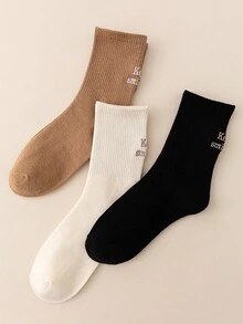 3双绣有“保持微笑”字母的吸湿排汗棉质中筒袜，时尚百搭 - 彩色 - 查看 1
