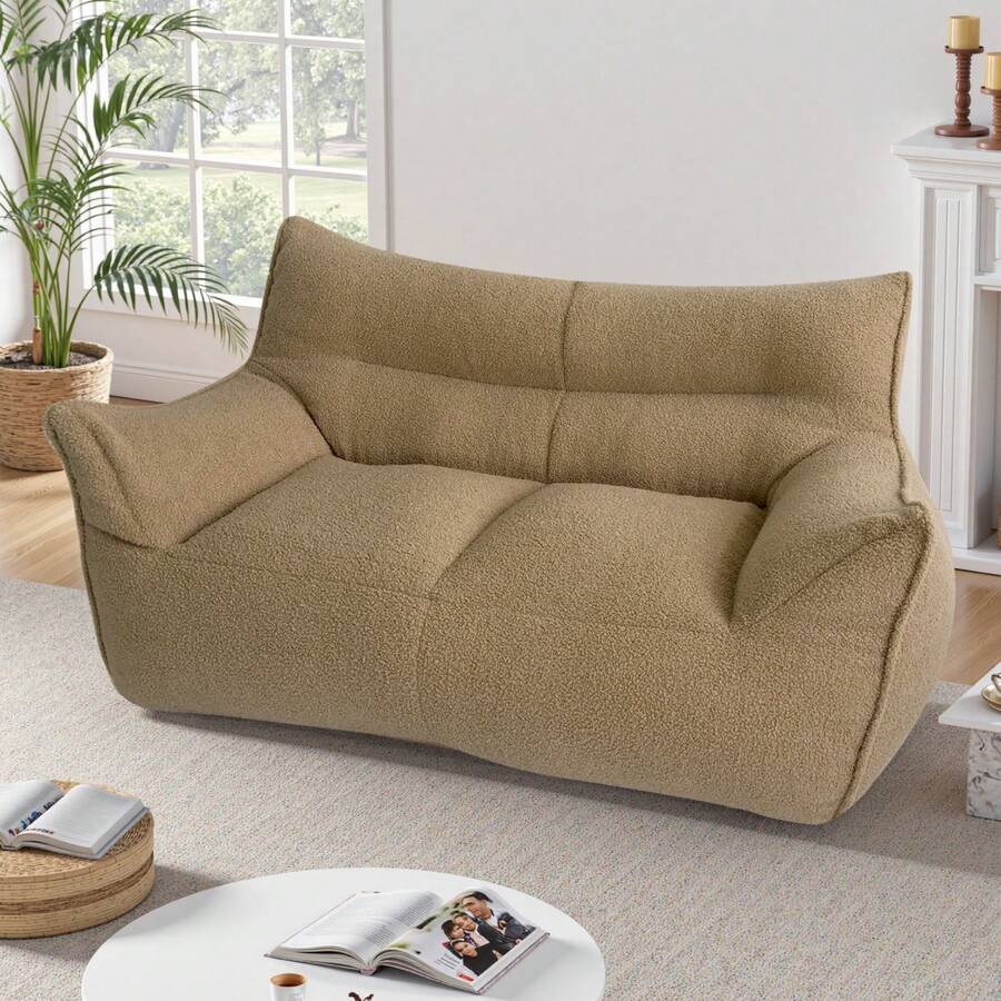 Giant Bean Bag Chairs For Adults With Filling Teddy Fleece Plush Fluffy Bean Bag Single Sofa And Loveseat With Armrest, Lounge Lazy Floor BeanBag Chair, Cozy Fluffy Couch For Living Room, Bedroom & Dorm - Light Khaik - Xem 1