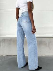 Women's Fashionable Casual Loose Fit Wide Leg Distressed Denim Pants - Light Wash - View 6