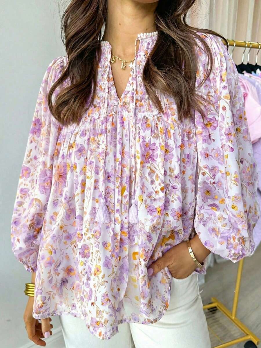 Acelitt Autumn Pink Floral Print Tassel Tie V-Neck Petal Sleeve Crop Top - Mauve Purple - View 1