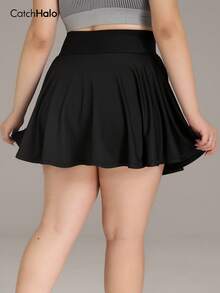 Plus Size Women's High Waist Pleated Skirt, Built-In Shorts, Side Pockets, Flared, High Elasticity, Suitable For Tennis And Golf - Black - View 7