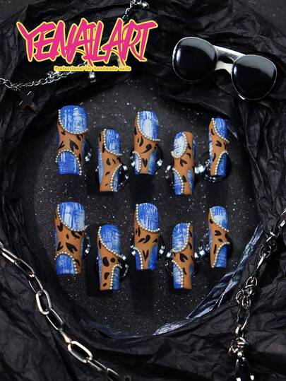 10pcs Fake Nails Press On Square Medium Length,Blue,Brown Color,Leopard Printing,Painting White Pattern,Jeans Design,European Style,Junk Punk,3d Three-Dimensional Decoration Chain,Faddish Full Coverage Fake Square Shape Matte Press On Nails,Nail Supplies Art For Women And Girls With 1pc Mini Nail File & 1 Sheet Adhesive Tabs,Homemade Nails Great For Music Day, Daily Life And Party Use