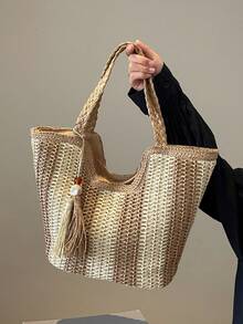 Diese farblich abgesetzte gestreifte handgewebte Strohtasche ist eine stilvolle, vielseitige, einfache und lässige Damenhandtasche. Sie ist eine perfekte Strandtasche für den Urlaub mit Quastenanhänger und Reißverschluss. Geeignet für Strandurlaube, Einkaufen, Strandausflüge, den Alltag, Dates und mehr. - Khaki - Übersicht 7