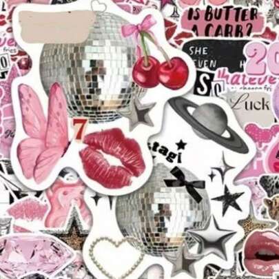 100张Y2K风格粉色可爱90年代美学银色幸运美学Y2K复古防水贴纸，适用于水瓶、笔记本电脑、手机、滑板、自行车、行李箱、吉他等。