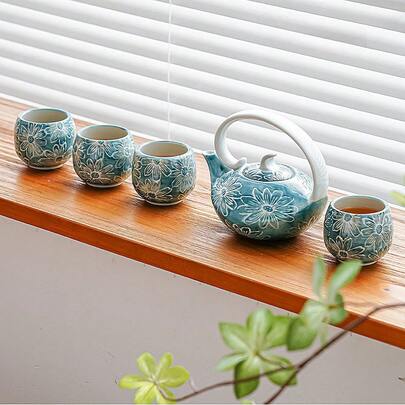 1/4/5pcs Ceramic Tea Cup & Teapot Set, Chrysanthemum Pattern Tea Set, Christmas Gift, High-End Luxury Home Tea Cup, Arabic Coffee Cup, For Entertaining Guests And Friends, Afternoon Tea Cup, Suitable For Cafe To Hold Cappuccino, Latte, Mocha, Herbal Tea, Black Tea, Hot Tea, Home Decor For Christmas, Tea Room, Wedding Gift, Gift For Elders, Easter Gift