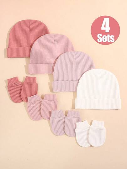 4 Sets Chunky Knit Hat And Gloves Set For Baby Girls 0-6 Months - Multi-Color Soft Breathable Skin-Friendly Knit Set